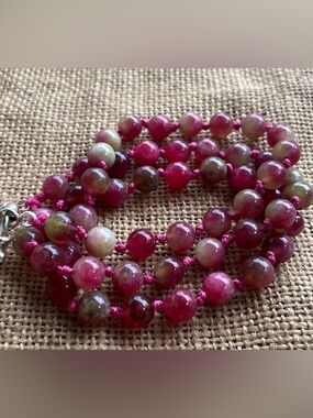 Natural Pink Tourmaline Crystal Stone Beads Knotted Necklace Handmade Am…